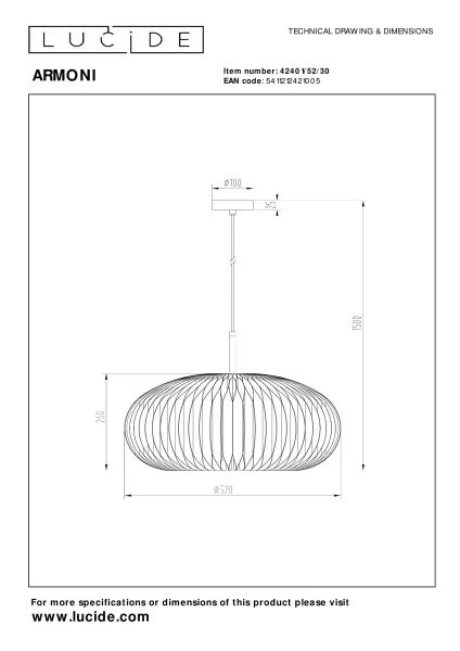 Lucide ARMONI - Pendelleuchten - Ø 52 cm - 1xE27 - Schwarz - technisch